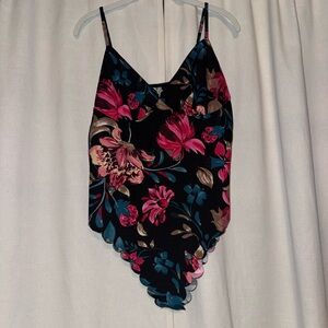 Floral Scallop Hem Black Pink Blue Bodysuit